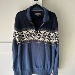 Eddie Bauer Navy and Blue Zip-Up Fair Isle Pullover